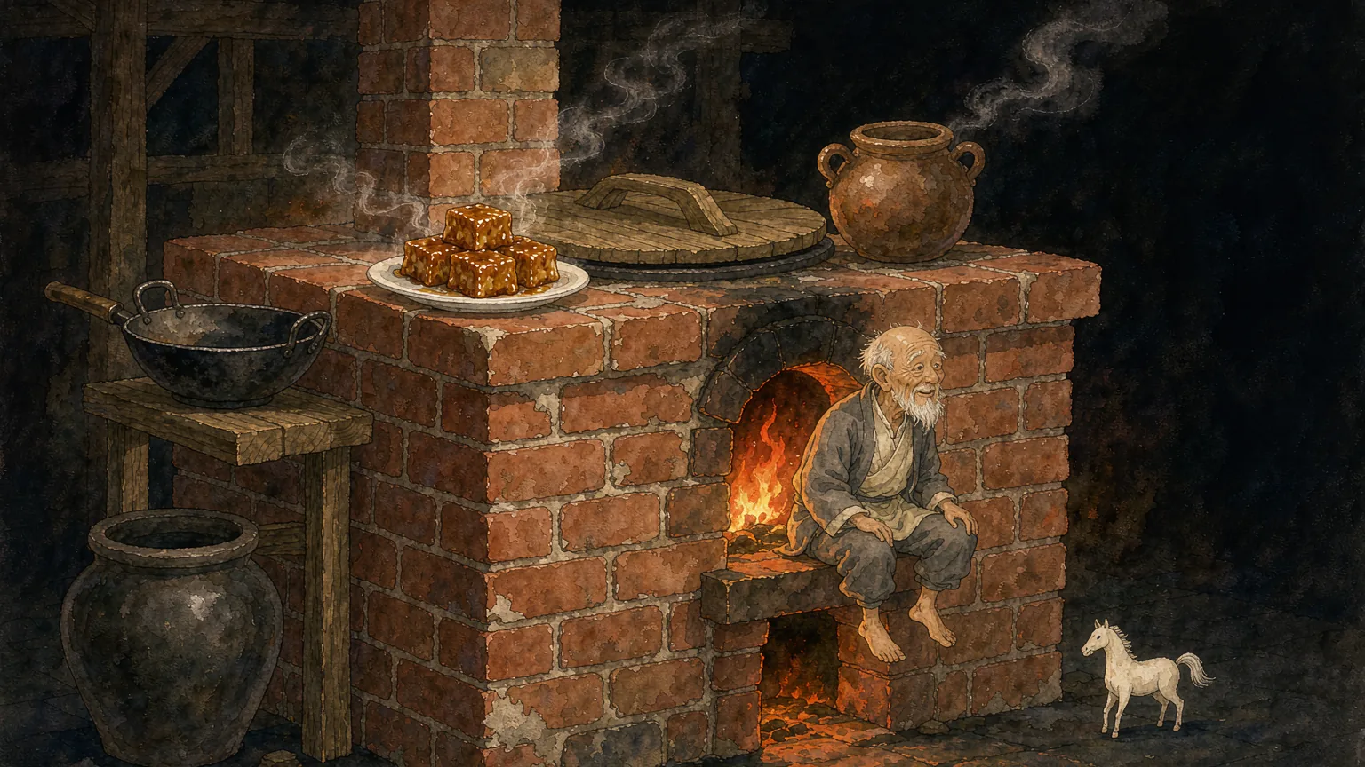 A tiny old man with a long white beard sitting on the edge of a brick stove in a dark Chinese kitchen at night, a white plate of sticky golden sweets and a small white paper horse, warm red firelight - Chinese bedtime story illustration