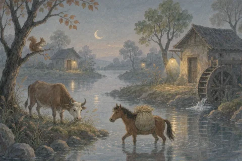 A small brown horse carrying a sack of wheat across a shallow moonlit river at dusk, with an old white-faced ox and a squirrel on the bank and a stone mill with a turning water wheel ahead - Chinese bedtime story illustration