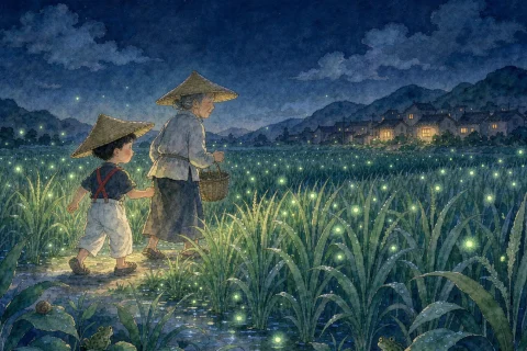 A child and his grandmother walking a narrow field path at night through tall rice grass full of glowing fireflies, distant village lights, deep blue sky - Chinese bedtime story illustration