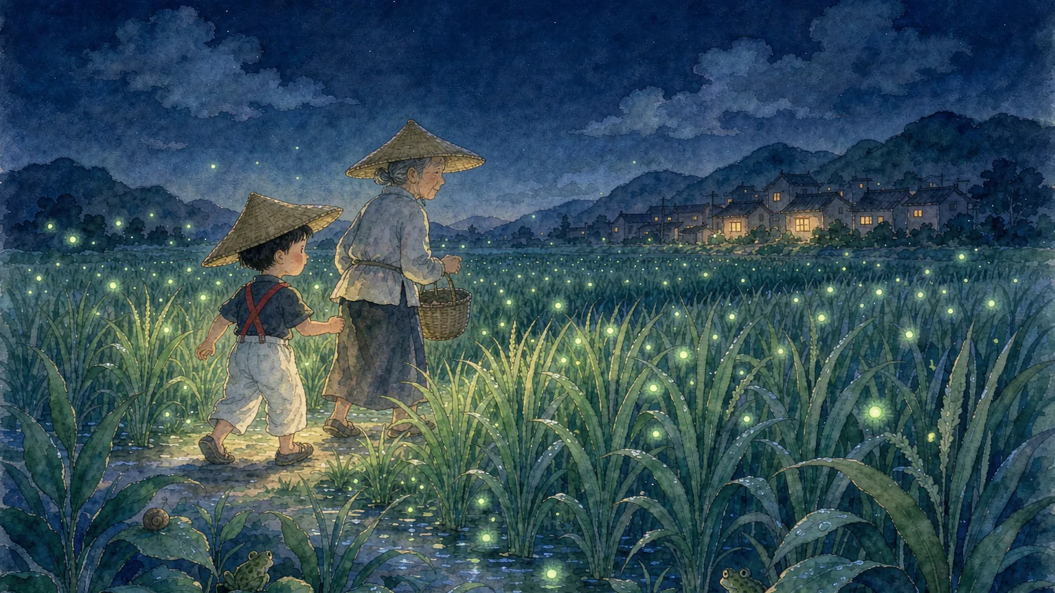 A child and his grandmother walking a narrow field path at night through tall rice grass full of glowing fireflies, distant village lights, deep blue sky - Chinese bedtime story illustration