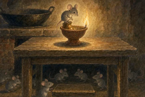 A tiny gray mouse perched on a small clay oil lamp on a wooden table, looking down at a low stool far below, warm lamp light in a dark old kitchen - Chinese bedtime story illustration