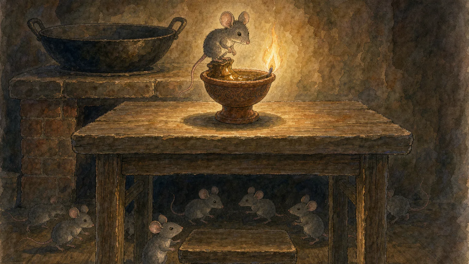 A tiny gray mouse perched on a small clay oil lamp on a wooden table, looking down at a low stool far below, warm lamp light in a dark old kitchen - Chinese bedtime story illustration