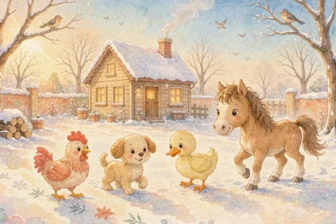 A chicken, a little dog, a duck and a small horse walking across fresh snow in a sunny winter yard, leaving neat footprints shaped like bamboo leaves, plum blossoms, maple leaves and crescent moons, a warm cottage behind them - Chinese bedtime story illustration