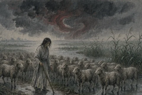 A woman in colourless rain-soaked robes standing with a herding staff among a flock of still sheep on a flooded road, with a dull red coil moving inside the storm clouds behind her - illustration for the Chinese legend Liu Yi and the Dragon Girl