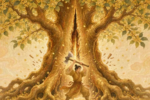 A young man in ochre robes lifting an axe above his head at the base of an enormous golden flowering cassia tree, wood chips and petals flying in warm amber light - illustration for the Chinese myth of Wu Gang