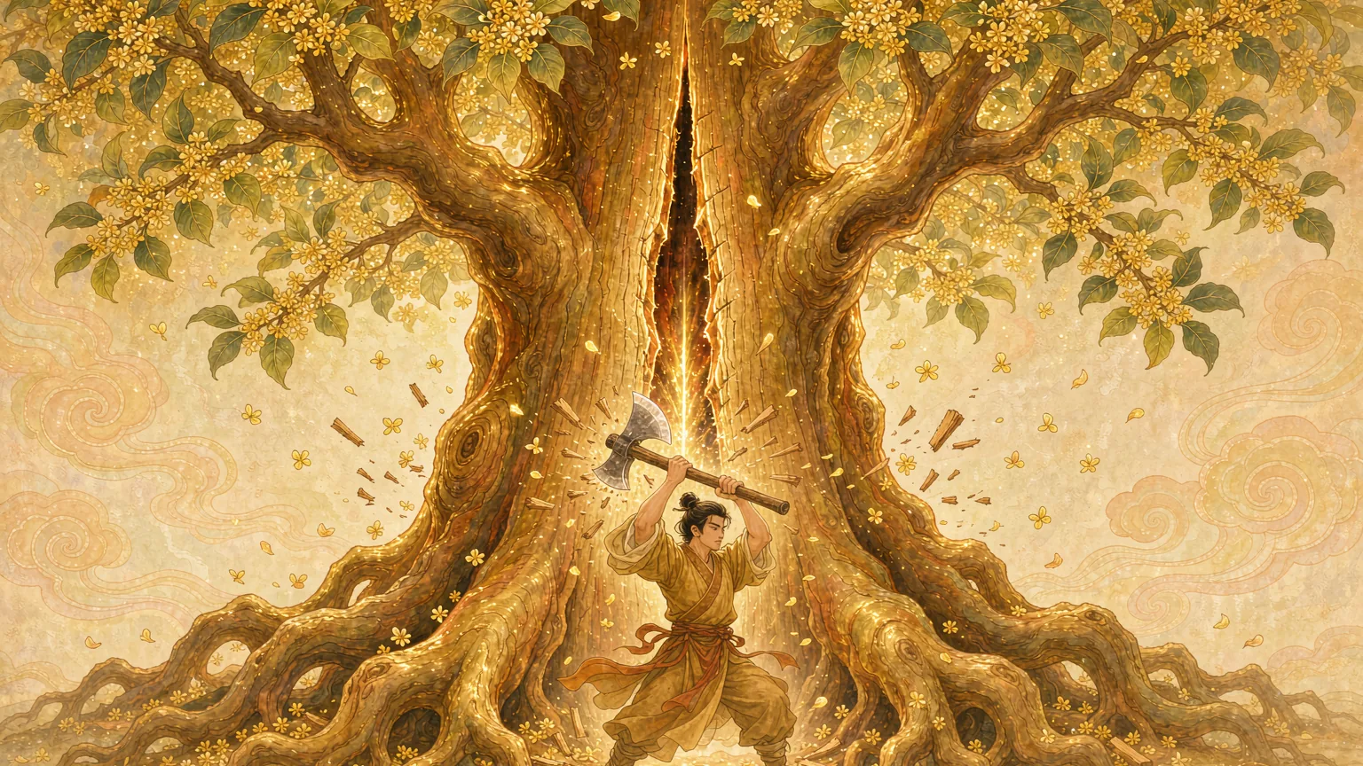 A man lifting an axe at the base of an enormous golden flowering cassia tree - Chinese mythology illustration
