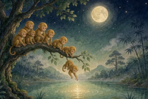 A family of monkeys in a tree at night, with one little monkey reaching down toward the moon shining in a well - Chinese bedtime story illustration