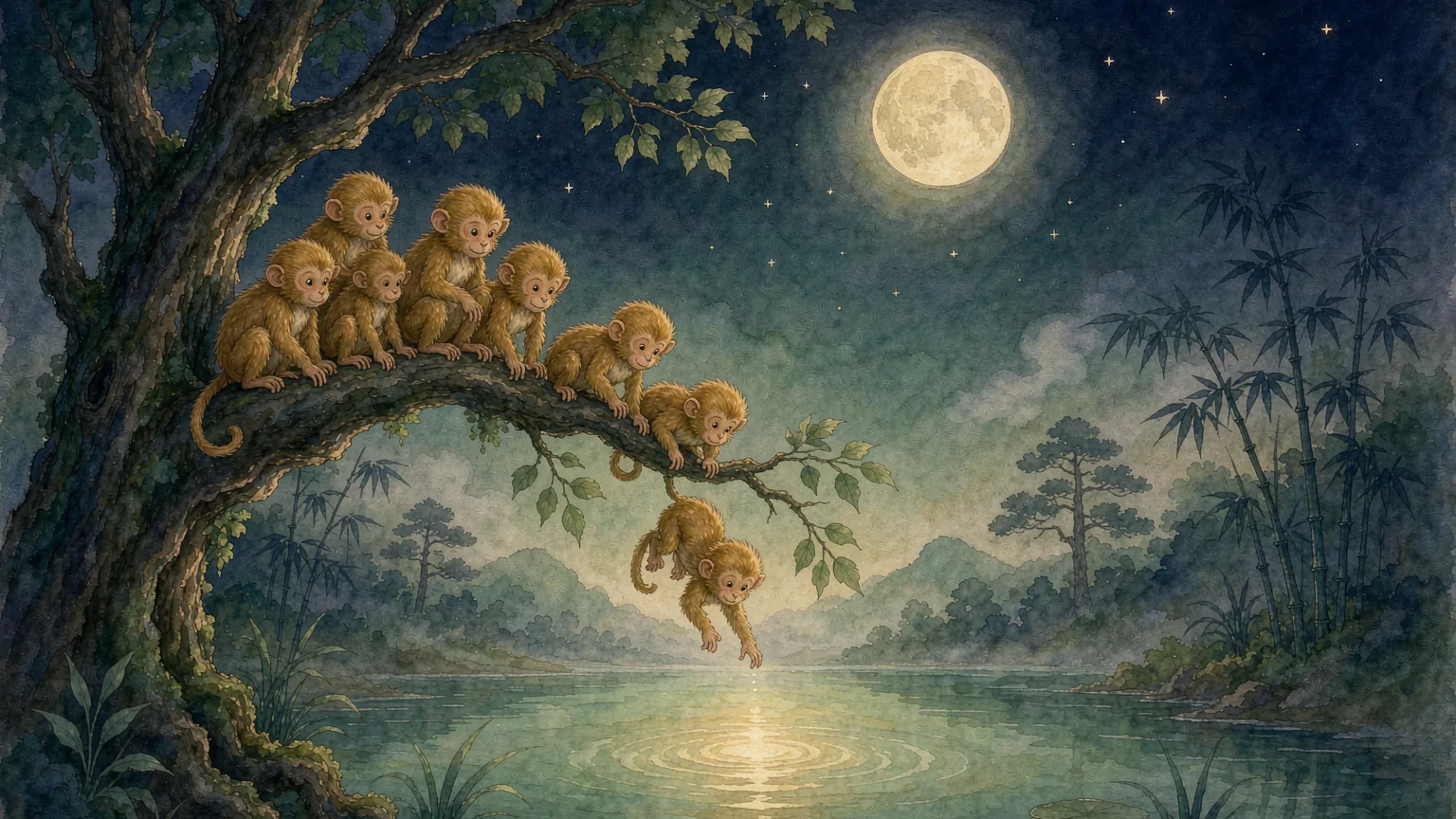 A family of monkeys in a tree at night, with one little monkey reaching down toward the moon shining in a well - Chinese bedtime story illustration