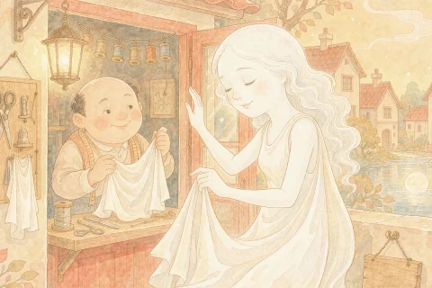 The moon as a gentle lady in a flowing white dress visiting a small warmly lit tailor shop, an old tailor holding up white cloth, a calm river with a second moon reflected in the water behind - Chinese bedtime story illustration