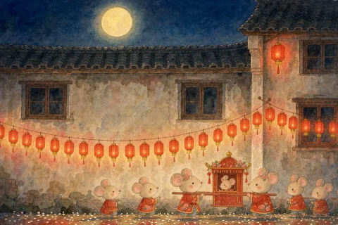 A row of little mice carrying a red wedding sedan chair past glowing lanterns at night, under a full moon - Chinese bedtime story illustration