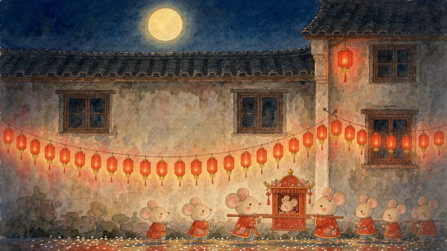 A row of little mice carrying a red wedding sedan chair past glowing lanterns at night, under a full moon - Chinese bedtime story illustration