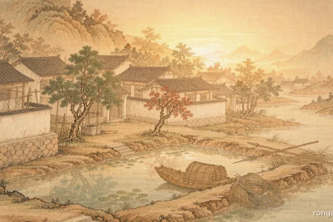Illustration for a Chinese true crime story: a quiet village fish pond in Ming dynasty Zhejiang under warm golden morning light, a bamboo fish trap and coiled net on the bank, whitewashed farmhouse walls and misty hills behind, with no people