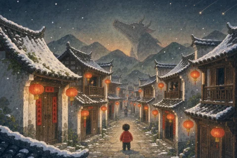 A snowy Chinese village street at night on New Year's Eve, red lanterns and red paper couplets on every door, and a huge gentle beast on the mountain looking at the red glow - Chinese bedtime story illustration