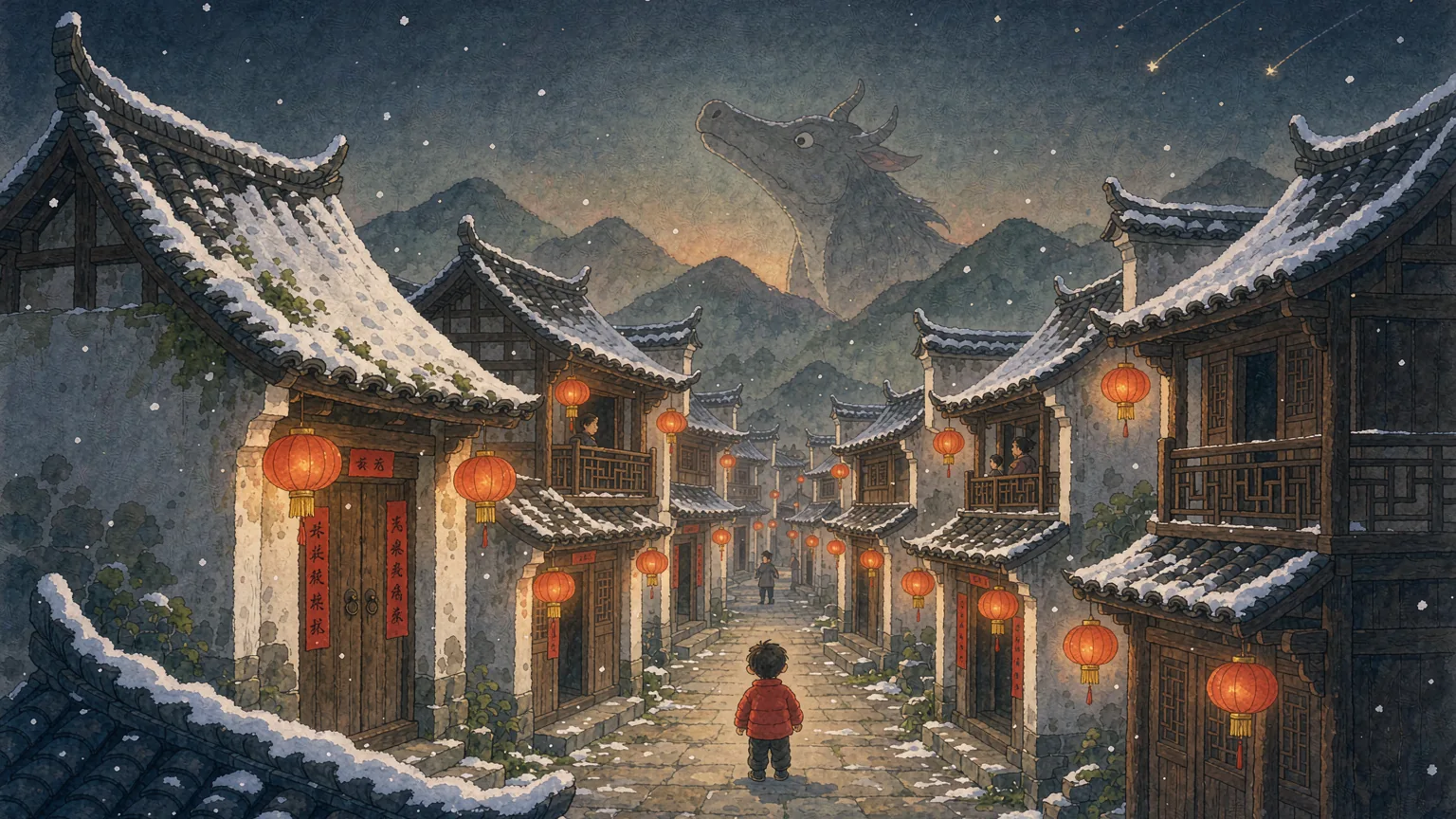 A snowy Chinese village street at night on New Year's Eve, red lanterns and red paper couplets on every door, and a huge gentle beast on the mountain looking at the red glow - Chinese bedtime story illustration