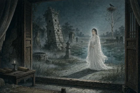 A young woman in flowing white robes standing alone in the doorway of a ruined moonlit Chinese temple, seen from inside a dim scholar's room, with a leaning stone pagoda and a white poplar with a crow's nest behind her - illustration for the Chinese ghost story Nie Xiaoqian