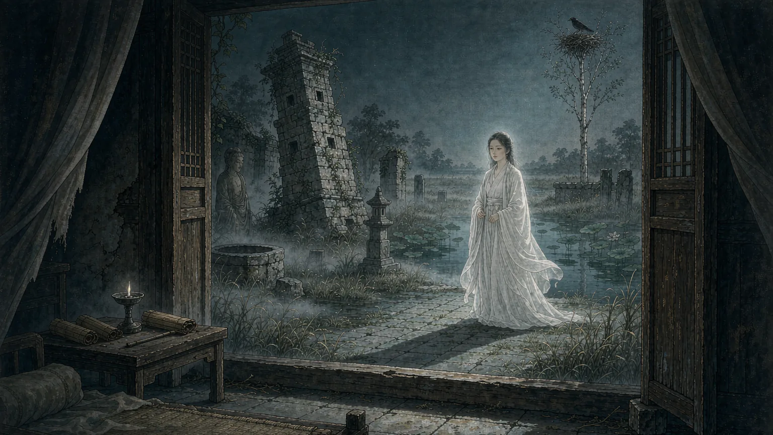 A young woman in white robes in the doorway of a ruined moonlit temple - Chinese ghost story illustration