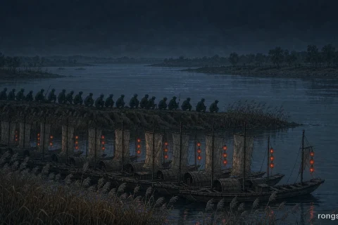 Illustration for a Chinese history story: rows of small wooden sailing boats moored among river reeds at night, each with a single small red lantern at the stern, soldiers crouching low behind an earthen dike, and the wide dark Yangtze stretching beyond