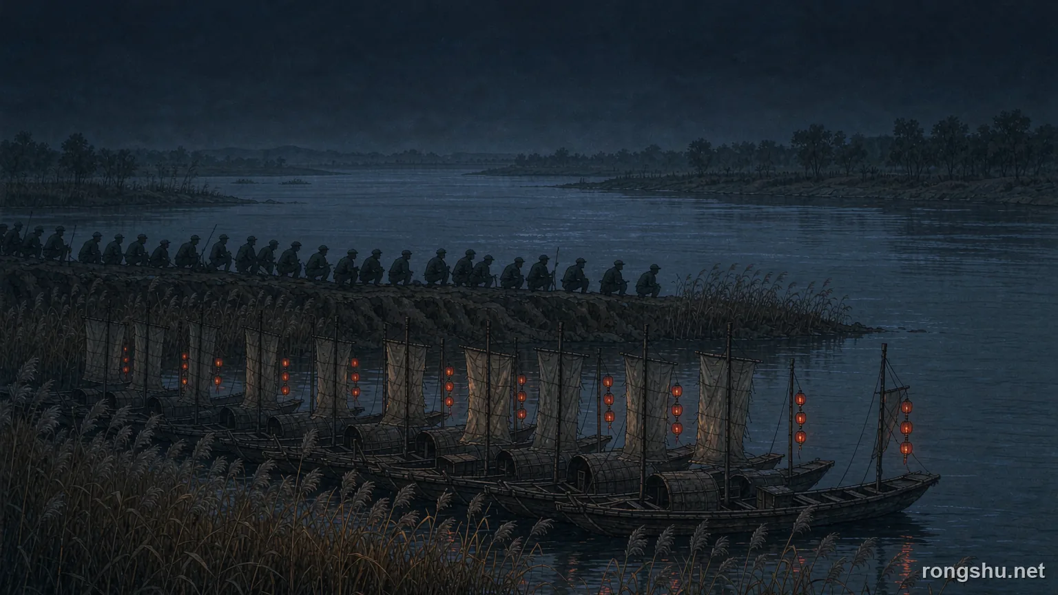 Nine thousand wooden boats with red lanterns hidden in the reeds of the north bank - Chinese history illustration