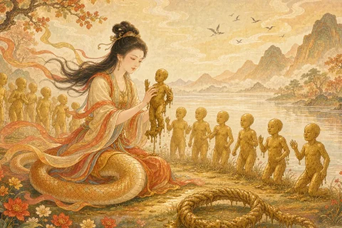 The goddess Nuwa with a human upper body and a golden serpent tail kneeling on a sunlit riverbank, shaping small clay figures in her hands while a row of newly made people stands behind her and a rope heavy with wet clay lies on the ground - illustration for the Chinese myth of Nuwa creating humanity