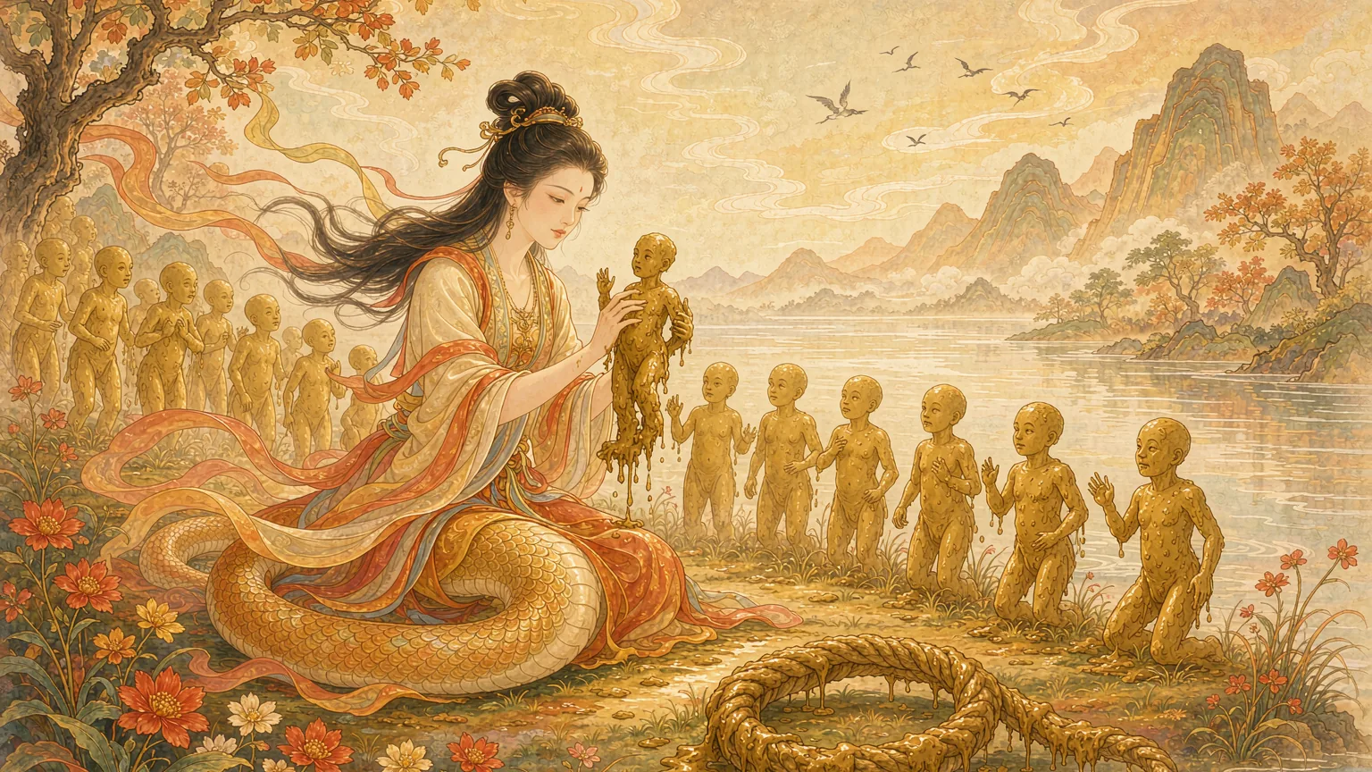Nuwa shaping people from clay by a bright river - Chinese mythology illustration