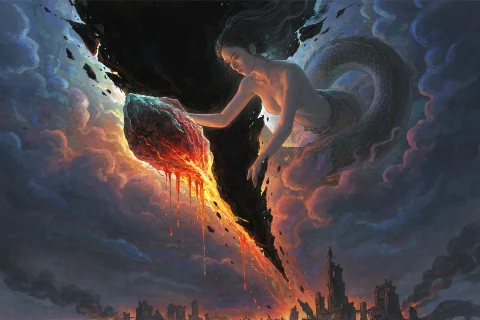 A Chinese goddess with a serpent lower body pressing a glowing mass of five-coloured molten stone into a vast black tear in the night sky, above a burning drowned city - illustration for the Chinese myth of Nuwa mending the sky