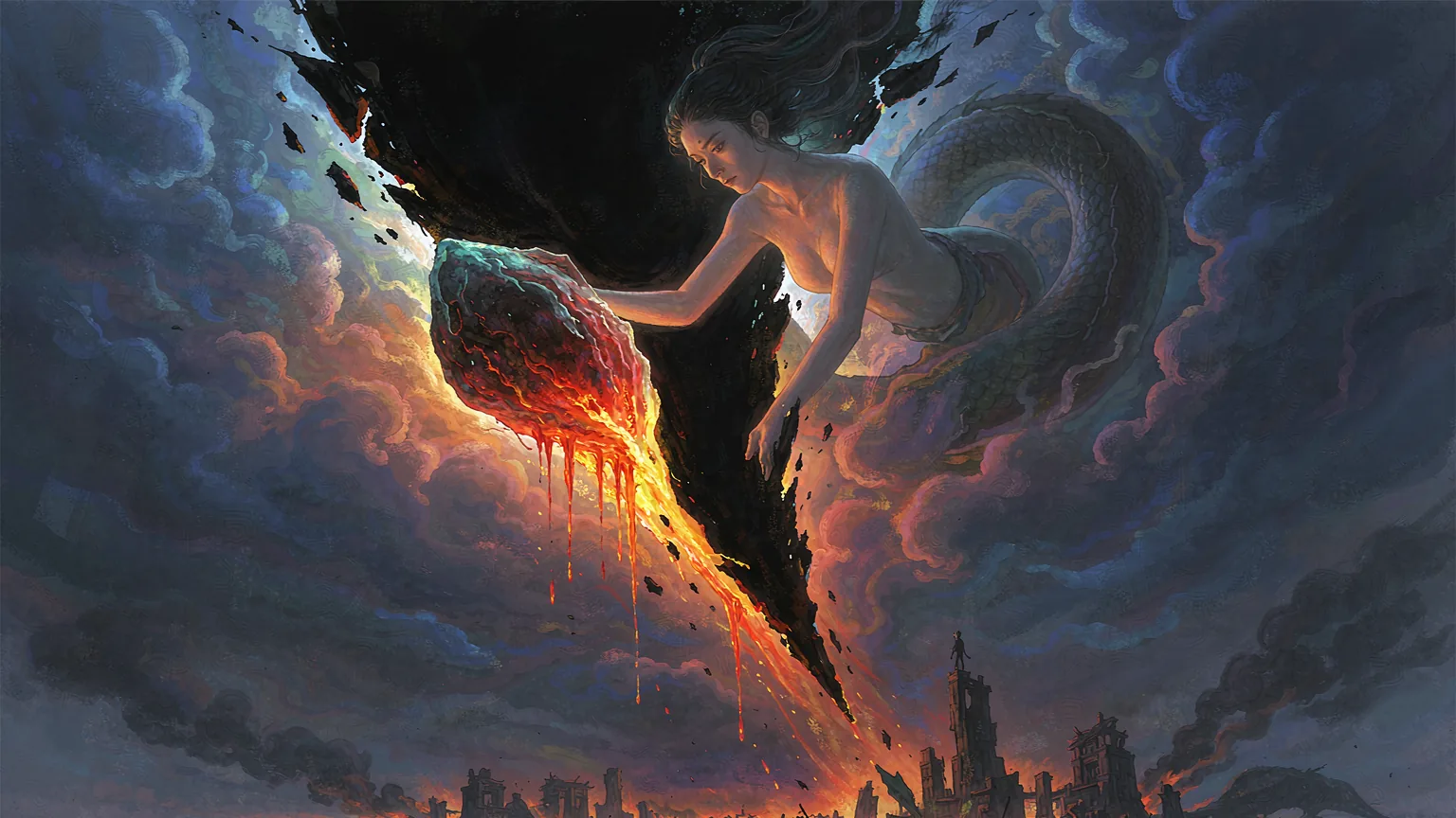 A Chinese goddess with a serpent lower body pressing molten five-coloured stone into a torn night sky - Chinese mythology illustration