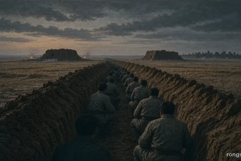 Illustration for a Chinese history story: a deep communication trench dug across flat winter farmland at dusk, with rows of soldiers crouching inside it, and two low earthen mounds on the horizon beyond a ruined village