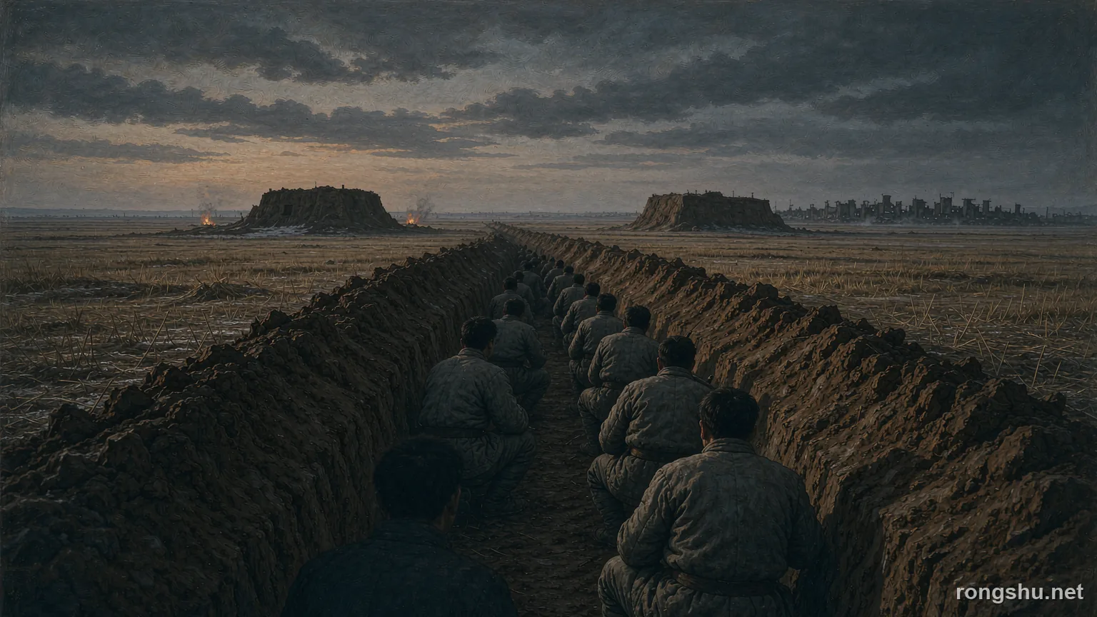 A deep communication trench at dusk with soldiers crouching inside, and two earthen mounds on the horizon - Chinese history illustration