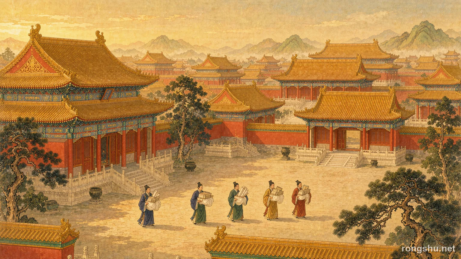 Scholar officials carrying memorials and books across a palace courtyard at dawn - Chinese history illustration