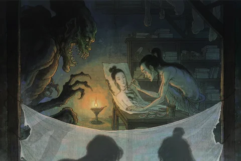 A monstrous figure with a green copper face and saw-like teeth crouched in a lamplit Chinese study, painting a flat human skin bearing a serene woman's face, seen from outside through a paper window - illustration for the Chinese ghost story The Painted Skin