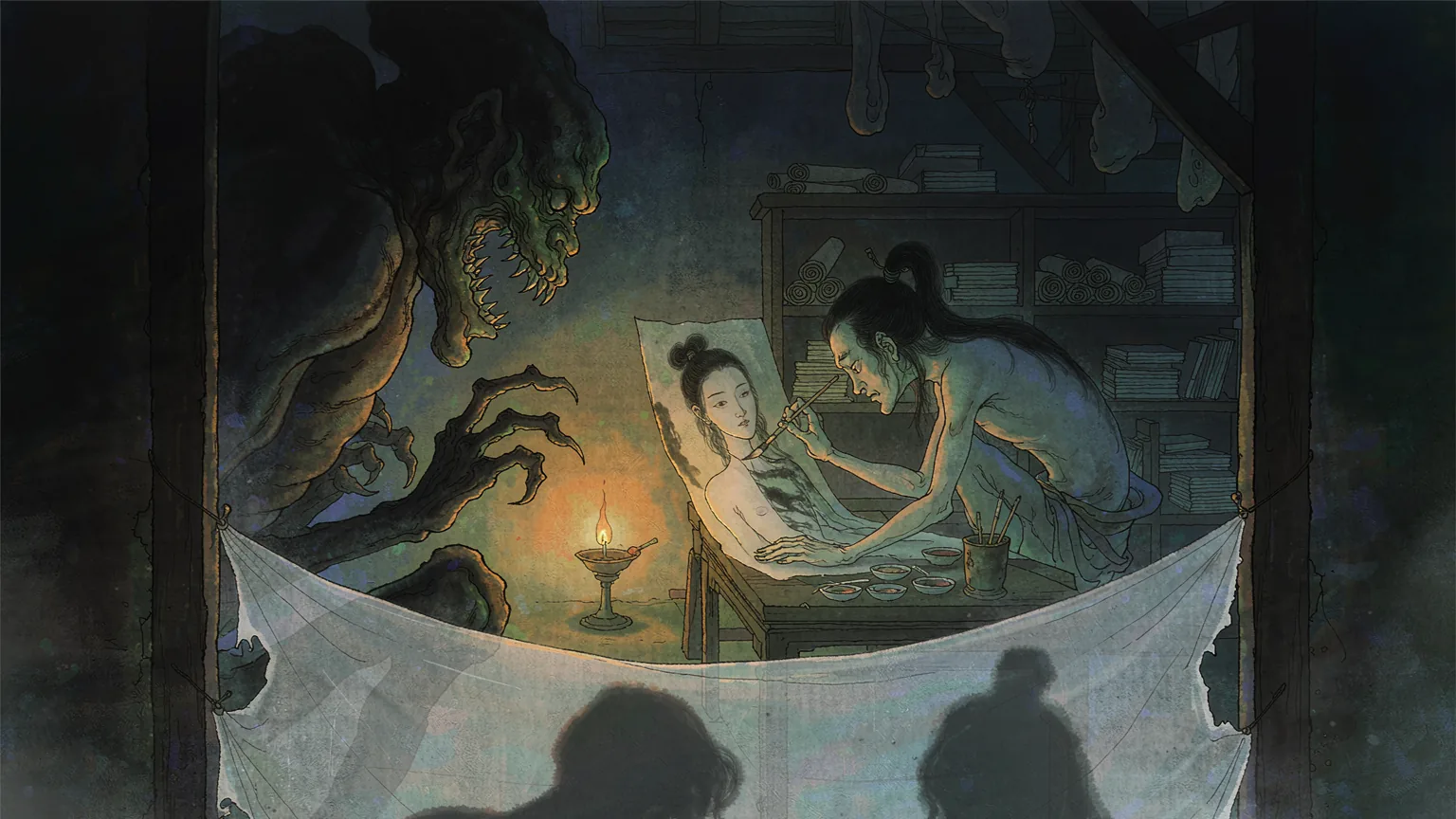 A monstrous figure painting a human skin in a lamplit Chinese study, seen through a paper window - Chinese ghost story illustration