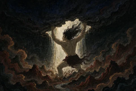 A colossal primordial god with long wild hair raising both arms to force apart the dark vault of heaven and the heavy mass of earth, pale gold light bleeding through the widening seam - illustration for the Chinese creation myth of Pangu