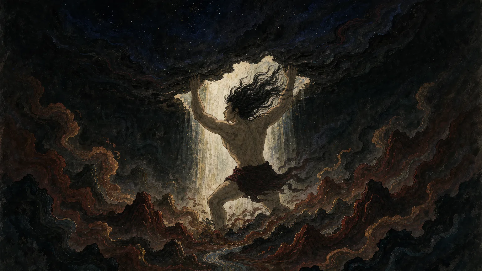 A colossal primordial god raising both arms to force apart the sky and the earth - Chinese mythology illustration