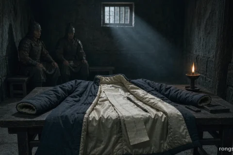 Illustration for a Chinese true crime story: an opened padded coat on a wooden bench in a Tang dynasty cell, a strip of silk drawn out of the split lining, an oil lamp and a barred window above