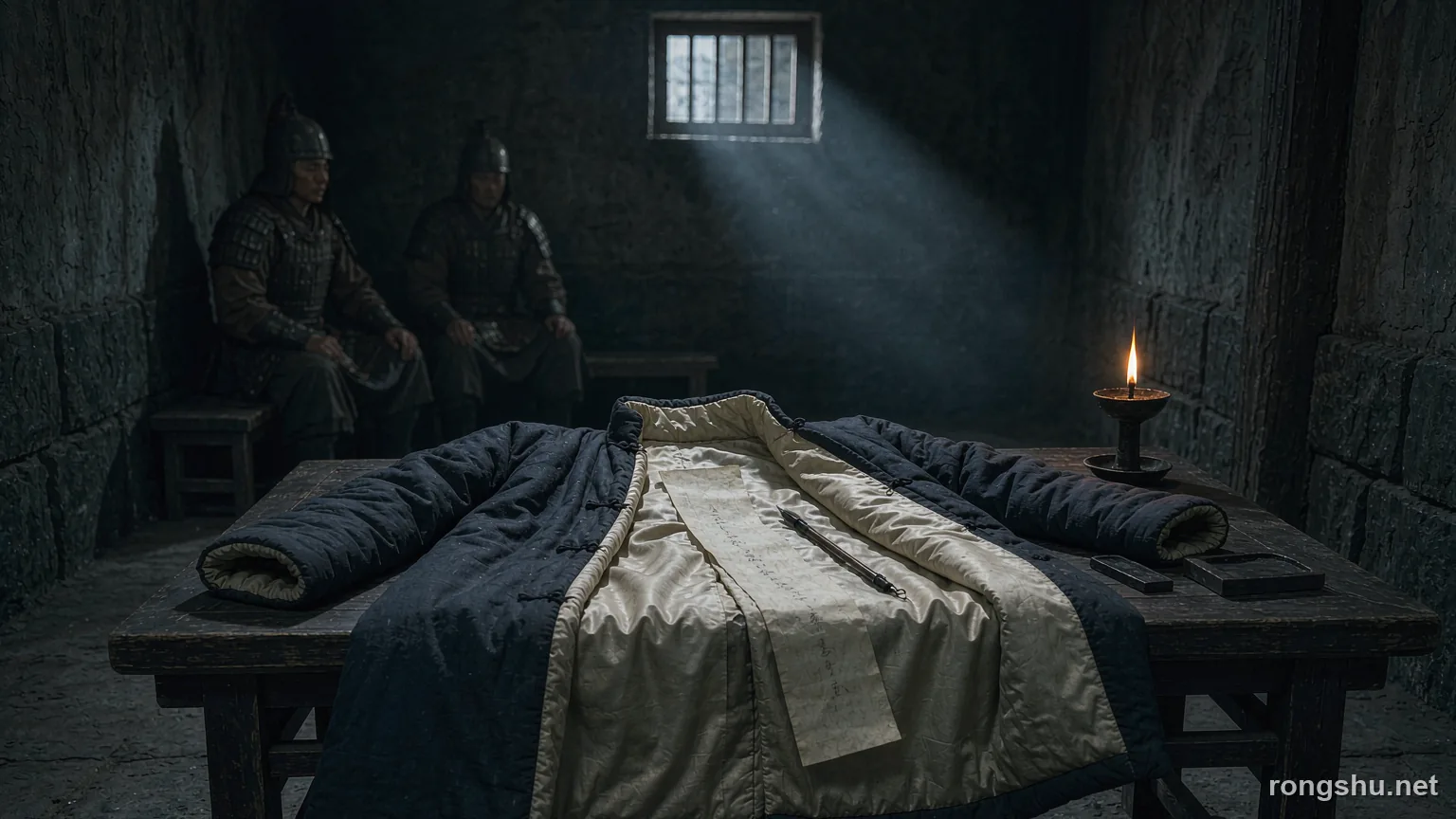 an opened padded coat on a wooden bench in a Tang dynasty prison cell, a strip of silk drawn out of the split lining - Chinese true crime illustration