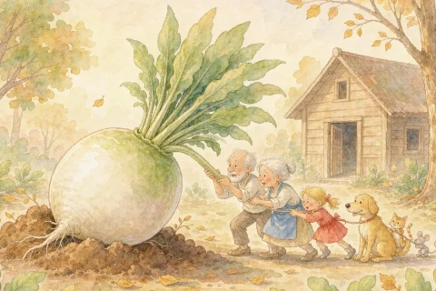 A huge white and green radish pulled from soft brown soil in a sunny village yard, an old man and an old woman, a little girl, a yellow dog, a cat and a tiny mouse holding on in a line in golden autumn light - Chinese bedtime story illustration