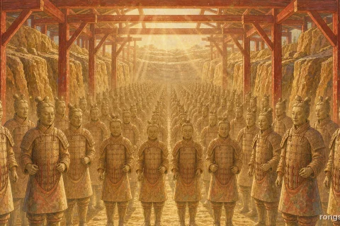 Illustration for a Chinese historical figure story: rows of ancient Chinese terracotta warriors standing in battle formation in a vast earthen pit beneath timber beams, warm golden light falling from above