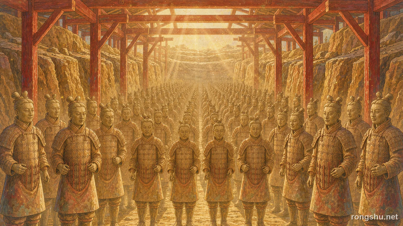 Rows of terracotta warriors standing in formation in an earthen pit under timber beams, warm golden light - Chinese historical figure illustration