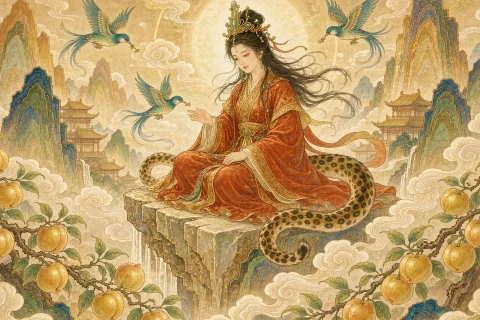 A regal goddess with loose flowing hair and a jade headdress seated on a rock terrace of a tiered mountain, a spotted leopard tail curled beside her, three blue-green birds flying toward her with food, and branches heavy with golden peaches in the foreground - illustration for the Chinese myth of the Queen Mother of the West