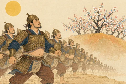 A long column of armoured soldiers marches along a dusty road under a bright sun with faces lifted in hope, as a plum grove stands on a hill ahead - illustration for the Chinese idiom wang mei zhi ke