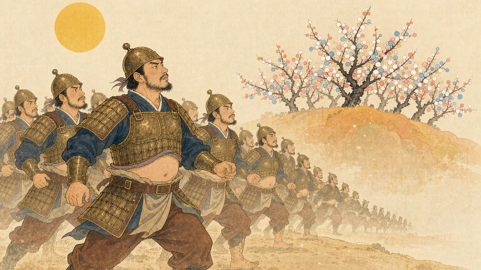 Soldiers march a dusty road under a bright sun with a plum grove on the hill ahead - Chinese idiom story illustration