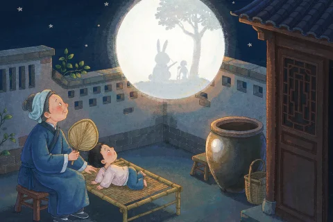 A grandmother with a paper fan and her small granddaughter on a bamboo bed in a Chinese courtyard at night, both looking up at a huge full moon that holds the silhouette of a white rabbit under a tree - Chinese bedtime story illustration