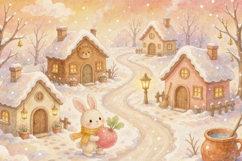 A small friendly rabbit in a warm scarf carrying a big round radish through a snowy village at dusk, four little animal houses with warm glowing windows along one path, soft falling snow - Chinese bedtime story illustration