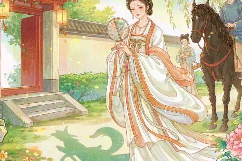 A graceful woman in flowing white Tang robes standing in a warm sunlit lane with a round silk fan, a jade-green fox silhouette curling along the ground behind her, and a young man on horseback watching from a short way off - illustration for the Chinese ghost story Ren the Fox Woman