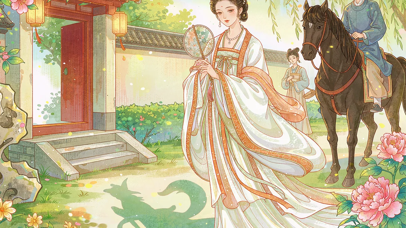 A woman in white Tang robes on a sunlit lane with a jade-green fox silhouette behind her - Chinese ghost story illustration