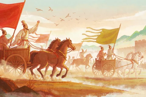 A Spring and Autumn period army in ordered retreat across warm open plains, a lord in a chariot raising his hand, vermilion banners leaning back in golden dust - illustration for the Chinese idiom tui bi san she