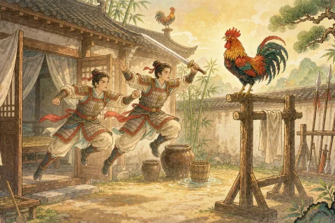 Two young Chinese officers leaping from a courtyard bedroom at dawn to practise swordplay while a proud rooster crows on the fence, warm golden morning light - illustration for the Chinese idiom wen ji qi wu