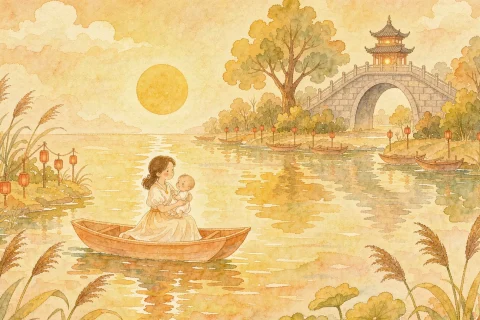 A mother holding her baby in a small wooden boat on a warm golden river, a golden moon and red lanterns and an old stone bridge in the distance - Chinese bedtime story illustration