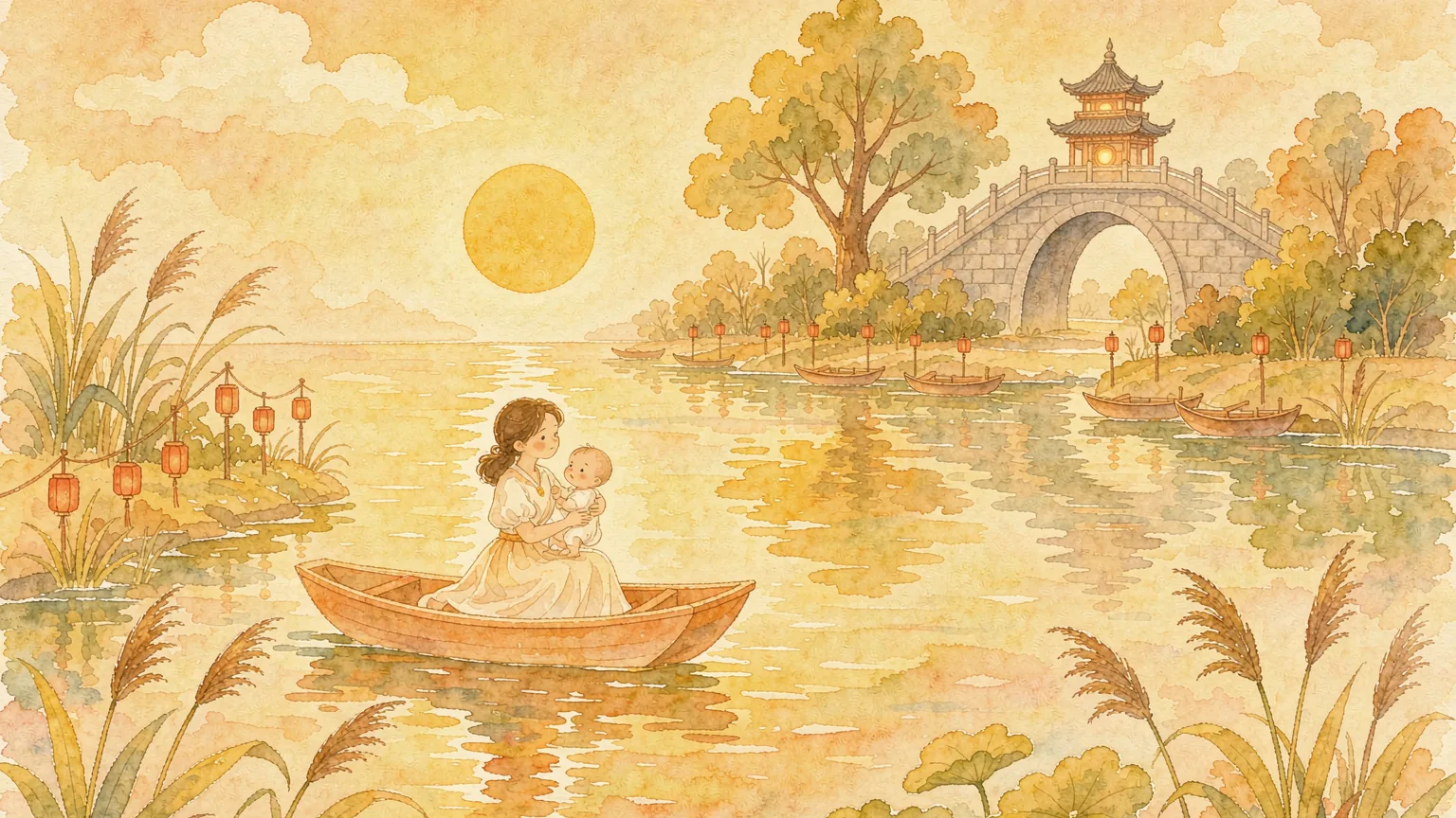 A mother holding her baby in a small boat on a warm golden river, with a moon, red lanterns and an old stone bridge - Chinese bedtime story illustration