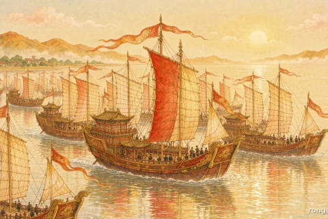 Illustration for a Chinese history story: a great fleet of Chinese treasure ships with crimson and gold sails in loose formation on a bright golden sea at sunrise, long pennants flying, green coast and ochre hills on the horizon